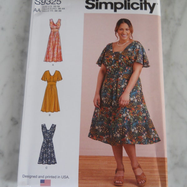 Feminine Plus Dress Simplicity S9325 AA(10-18) OR BB (20W-28W) Sewing Pattern for Flutter Sleeve or Sleeveless Maxi or Mid-Calf Dress