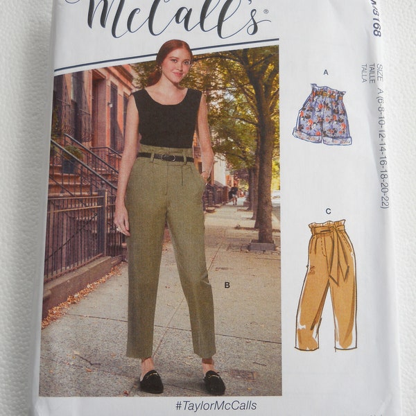 Paper Bag Waist Pant McCall's M8168 A (6-8-10-12-14-16-18-20-22) Sewing Pattern for Slacks with Mock Fly Zipper, Front Pleats, Shorts, Capri