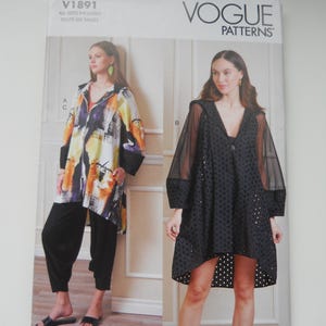 May include: Vogue Patterns sewing pattern featuring two women's garments. One is a colorful, abstract print jacket and black pants. The other is a black, sheer, dotted dress. The pattern includes the text "V1891" and "TODAY'S FIT BY SANDRA BETZINA."