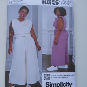May include: Sewing pattern for a women's top and wide-leg pants. The pattern is for sizes 1X-5X. The pattern is from the Simplicity brand and is easy to sew. The pattern includes a QR code for a sew-along tutorial by Mimi G.