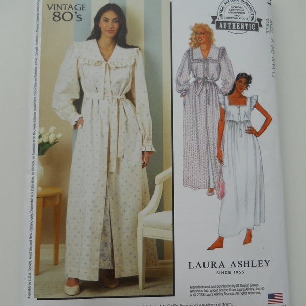 Laura Ashley Reprinted 80's Nightwear Pattern McCall's M8381 A (XS-S-M-L) New Sewing Pattern, Button Long Robe, Wide Collar, Long Nightgown