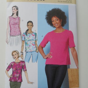 May include: A sewing pattern for a women's top with three different styles. The pattern is from Butterick and the pattern number is B6874. The pattern includes sizes F5 (16-18-20-22-24).