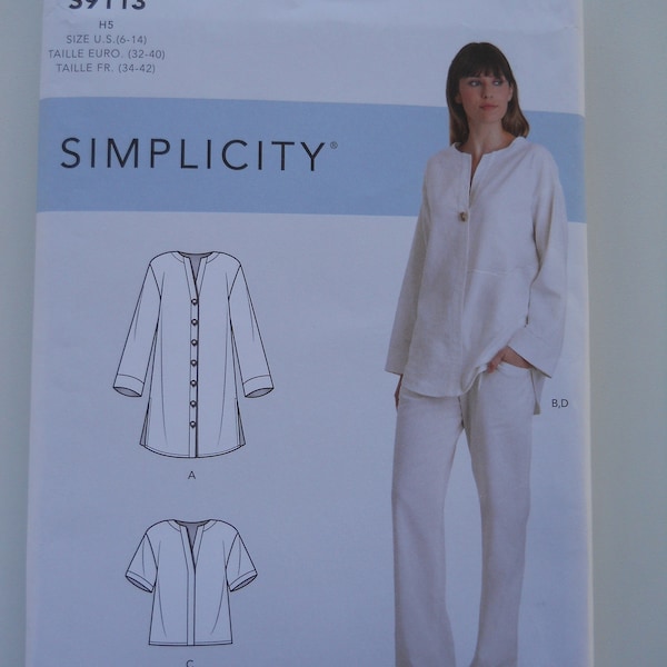 Button Down Tunic, Pants Simplicity S9113 H5 (6-14) or U5 (16-24) New Sewing Pattern, Loose Fitting, Casual, Drop Shoulder, Modest, Leisure