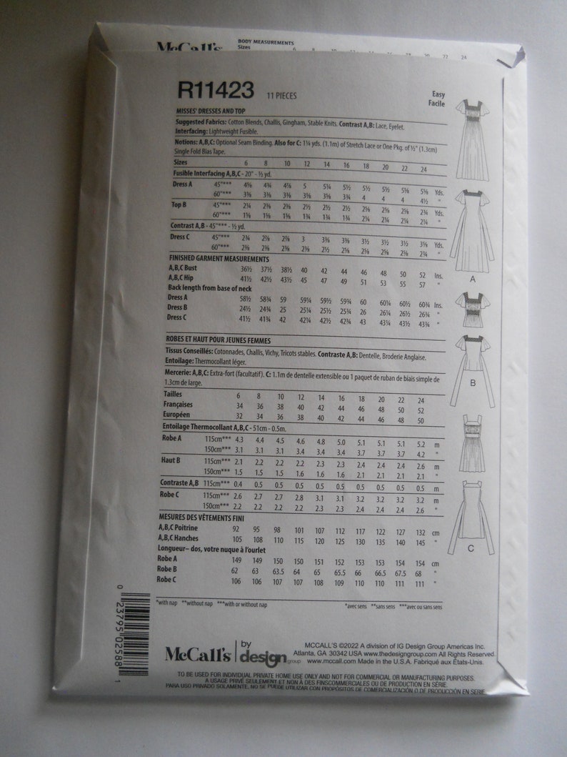 May include: McCall's pattern R11423 for misses' dresses and a top. The pattern includes instructions and measurements for sizes 6-24. The pattern is for easy sewing and includes a variety of fabrics and styles.