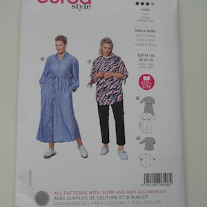 May include: A sewing pattern for a dress and tunic with a step-by-step guide. The pattern is for sizes EUR 44-54 and US 18-28. The pattern includes seam and hem allowances.