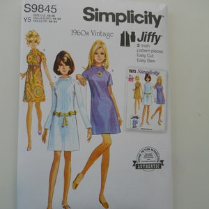 May include: Simplicity sewing pattern number S9845, a vintage 1960s Jiffy pattern for a dress. The pattern includes three pieces and is easy to cut and sew. The pattern is for sizes US 18-26, Euro 44-52, and French 46-54.
