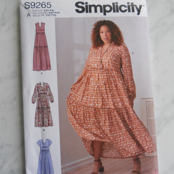 Tiny to Plus Bohemian Dress Simplcity S9265 A (XXS-XXL) 2021 Sewing Pattern for Maxi to Mid-Calf Drop Waist, Loose Fitting Dress with Tiers