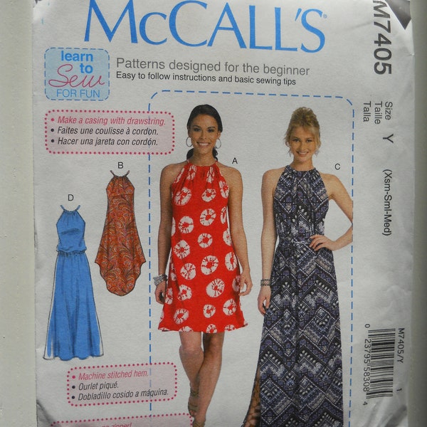 Plus Learn to Sew Halter Dress McCall's M7405 Y (XS-Sml-Med) OR ( ZZ (Lrg-Xlg-Xxl) Sewing Pattern, Halter Top, Knee Length and Maxi Dress