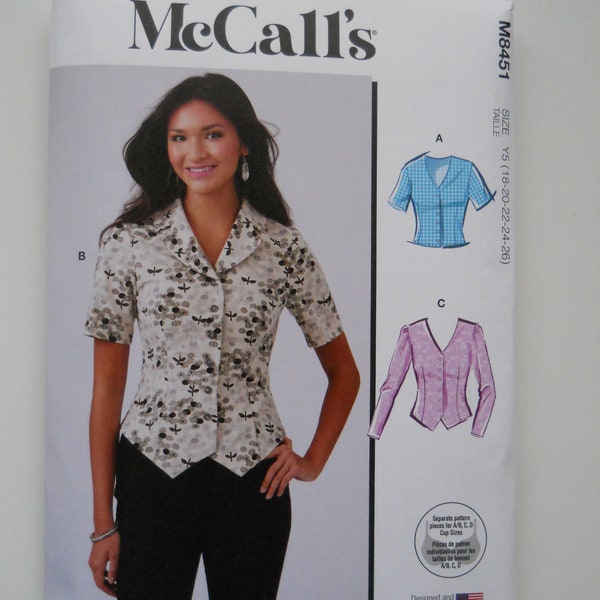 2024 Classic Vest-Style Button Down Blouse McCall's M8451 K5 (8-16) or Y5 (18-26) New Sewing Pattern, Shawl Collar, Bust Cup Size A/B, C, D
