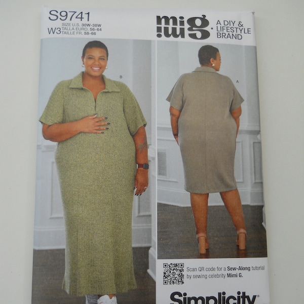 Mimi G Knit Dress with Collar Simplicity S9741 W2 (20W-28W) or W3 (30W-38W) New Sewing Pattern, Sew Along Video, Extended Size, Drop Sleeve