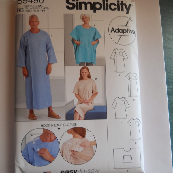 2022 Adaptive Unisex Gown Simplicity S9490 AA or BB Sewing Pattern Hospital Type Gown, Shoulder Open, Poncho Drape, Front or Back Opening