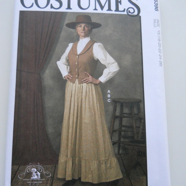 Historic Western Women's Costume M8398 K5 (8-16) or Y5 (18-26) New Sewing Pattern, Lined Shawl Collar Vest, Peplum, High Collar, Long Skirt