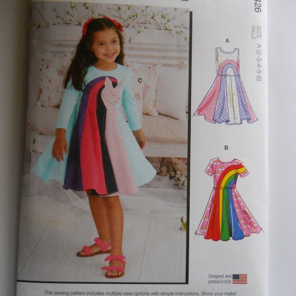 2022 Rainbows Unicorns McCall's M8267 R11426 A (Child 2-3-4-5-6) Sewing Pattern for Knit Little Girl's Dress with Twirly Skirt ; Color Block
