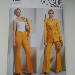 May include: Vogue Patterns sewing pattern V1870. The pattern features a woman wearing a yellow suit with flared pants and a matching blazer. The pattern includes sizes Y5 (18-20-22-24-26). The pattern is designed and printed in the USA.