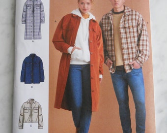 Long Duster Shirt Jacket Simplicity S9388 R1173 A (XXS-XXL) Sewing Pattern; Unisex, Plus, Big and Tall, Teen, Button Down, Pockets