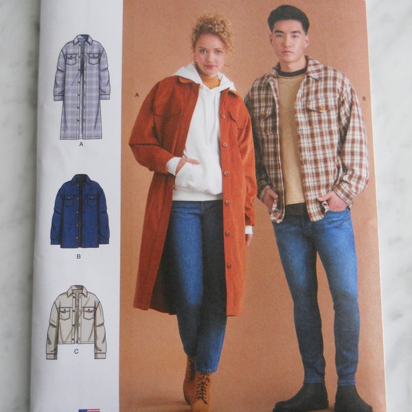 Long Duster Shirt Jacket Simplicity S9388 R1173 A (XXS-XXL) Sewing Pattern; Unisex, Plus, Big and Tall, Teen, Button Down, Pockets