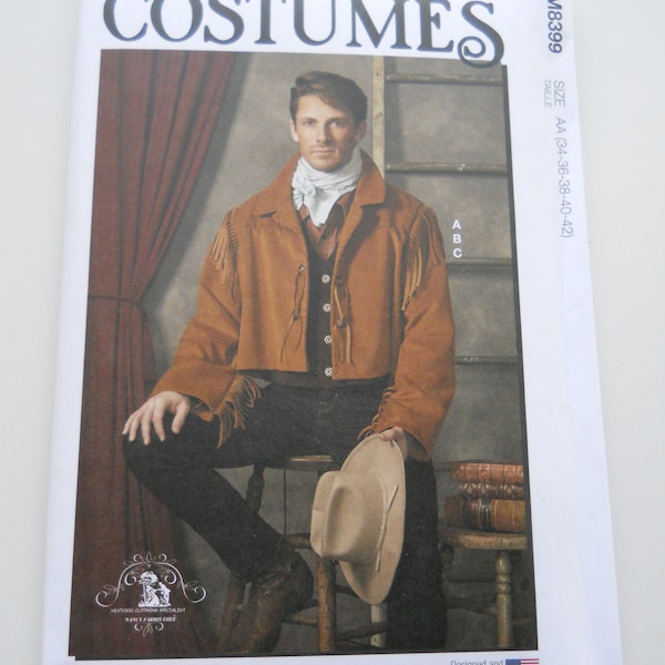 Historic Western Men's Costume McCall's M8399 AA (34-42) or BB (44-52) New Sewing Pattern, Unlined Short Jacket with Fringe, Lined Vest