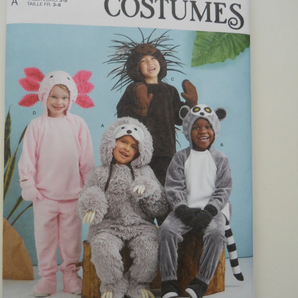 Axolotl, Sloth, Lemur, Porcupine Children's Costumes Simplicity S9842 A (3-8) New Sewing Pattern, Hooded Sweatshirt, Mittens, Shoe Covers