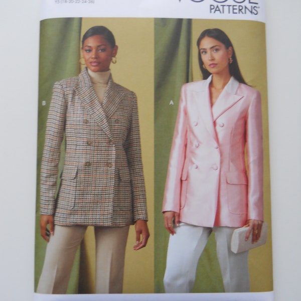 2022 Advanced Double Breasted Lined Jacket Vogue V1927 B5 (8-16) or Y5 (18-26) New Sewing Pattern Business Suit Coat, Extended Size, Plus