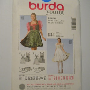 May include: Burda Young sewing pattern number 7057 for a dirndl, robe folklore, traje tiroles. The pattern includes sizes 32 to 46 and 6 to 20. The pattern includes seam and hem allowances.