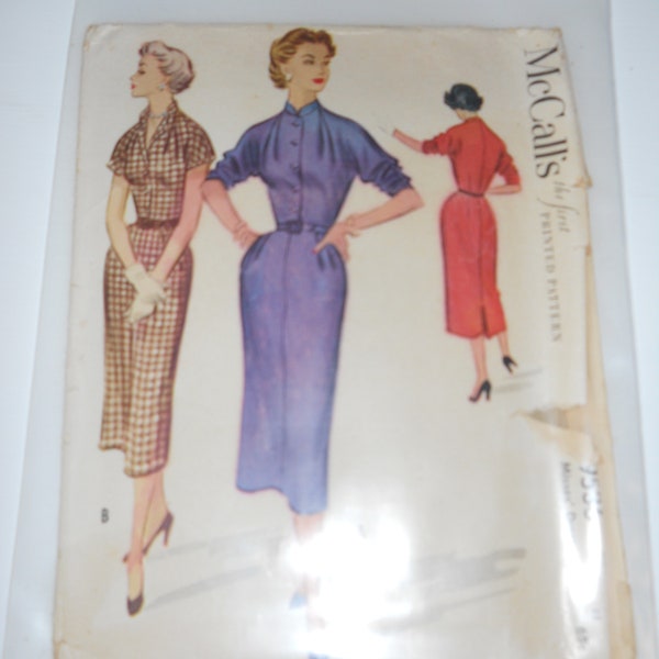 Vintage 50's Button Down Bodice Straight Skirt Dress McCall's 9536 Size 14 Sewing Pattern High Stand-up or Open Collar Missing Instructions