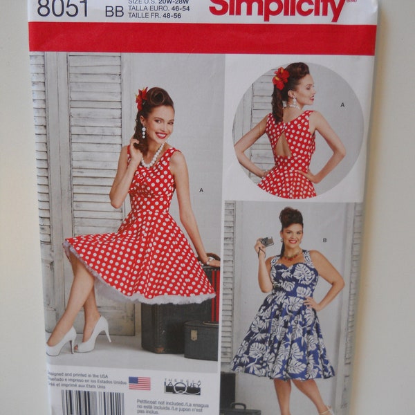 Rock-a-Billy Dress in Extended Sizes Simplicity 8051 AA (10-18) or Plus BB (20W-28W) New Sewing Pattern Sleeveless Fitted Bodice Full Skirt