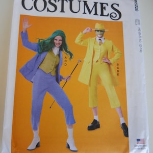 May include: A sewing pattern for a costume. The pattern is for sizes H5 (6-8-10-12-14). The pattern shows two people wearing costumes. One person is wearing a purple and yellow costume with a green wig. The other person is wearing a yellow costume with a hat. The pattern is from McCall's Costumes.