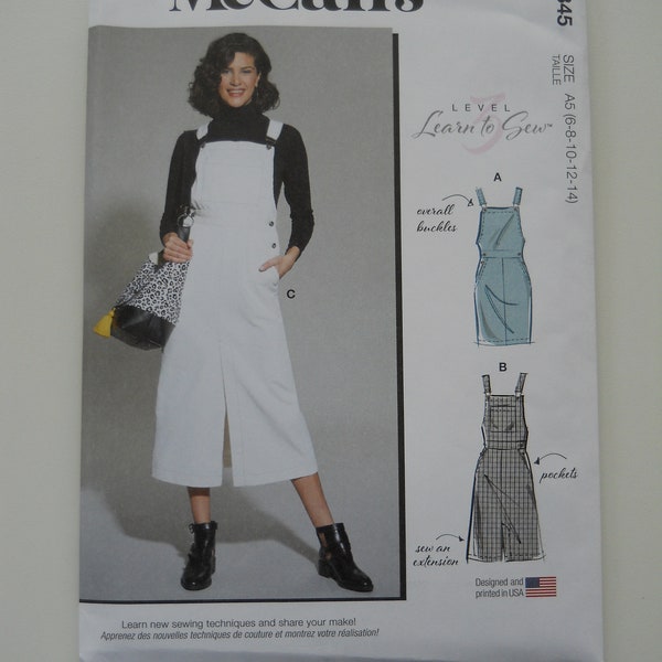 Learn to Sew Overalls Jumper McCall's M8345 A5 (6-14) or E5 (14-22) New Sewing Pattern, Level 3, Buckles, Front Leg Slit, Criss-Cross Straps