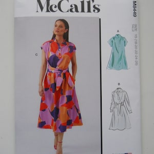 2024 PulloverA-Line Shirt Dress McCall's M8449 K5 (8-16) or Y5 (18-26) New Sewing Pattern, Front Button Placket, Cuffed Sleeve, Sew Along