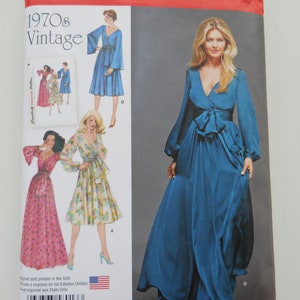 1970's Re-Print Faux Wrap Dress Simplicity 8013 H5 (6-14) or R5 (14-22) New Sewing Pattern for Maxi Dress, Sash, Flowing Skirt, Bell Sleeve