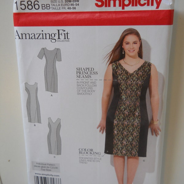 Amazing Fit Princess Seam Dress Simplicity 1586 AA (10-18) or BB (20W-28W) New Sewing Pattern for Color Block, Slim Fit, B, C, D Cup Pieces