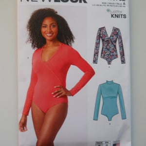 May include: A sewing pattern for a knit bodysuit with a wrap neckline. The pattern is for sizes XS-XL and includes instructions for two different styles. The pattern is from New Look and is labeled N6752.