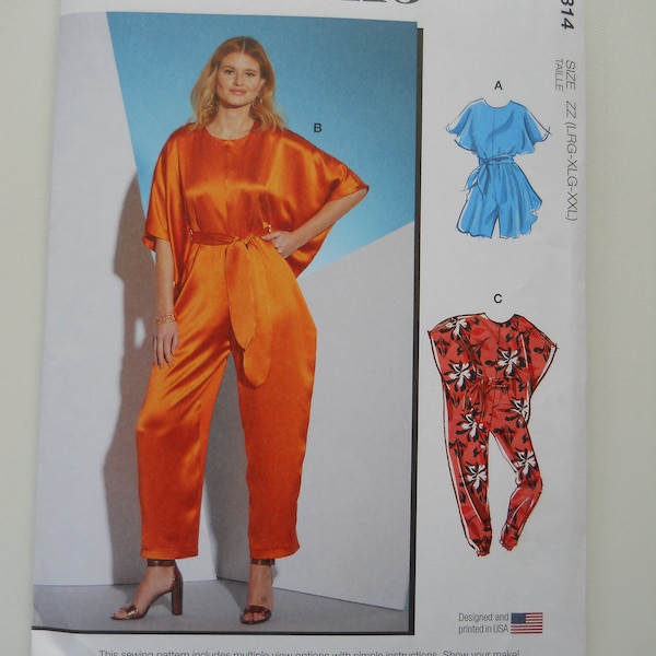 Easy Caftan Style Jumpsuit McCall's M8314 Y (XS-S-M) or ZZ(L-XL-Xxl) New Sewing Pattern,Loose Fitting, Romper, Flutter Sleeve, Front Opening
