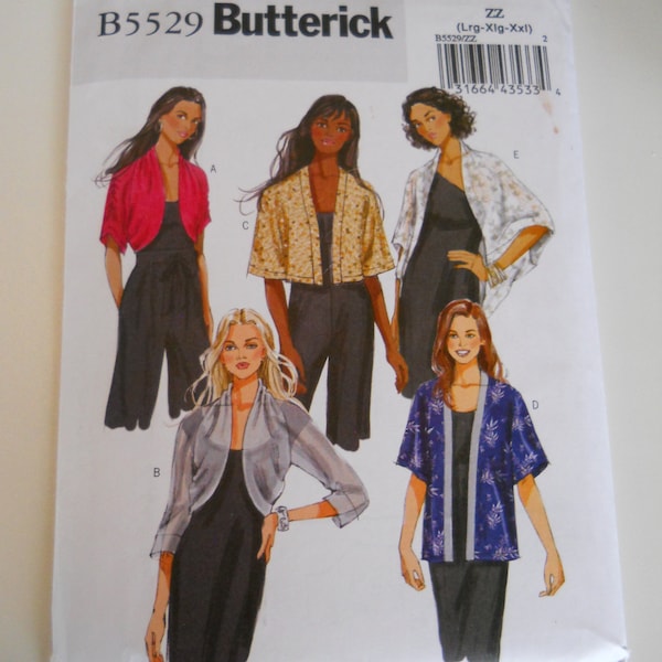 A Symphony of Shrugs Butterick B5529 Y (XS-Med) or Plus ZZ (Lrg-XXL) Sewing Pattern Bolero, Coccoon, Kimono Style Jackets Topper Formal Wear