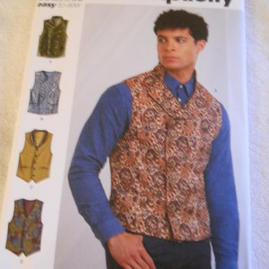 May include: Simplicity sewing pattern S9457 for a vest with a collar. The pattern includes four different styles of vests, all with a button-up front. The pattern is labeled "Easy-to-Sew".