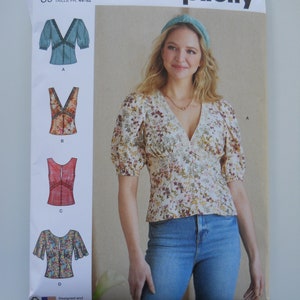 Romantic Button Blouse Simplicity S9606 H5 (6-14) OR Plus U5 (16-24) New Sewing Pattern, Gathered Bodice, Semi-Fitted, Round or V Neck