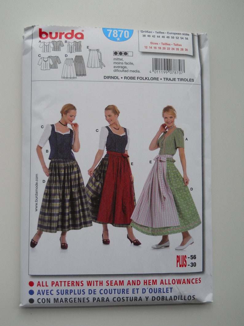 German Dirndl Skirt Blouse Vest Apron Burda 7870 12-30 - Etsy
