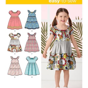 Easy-to-Sew Peasant Dress Simplicity 2377 A (3,4,5,6,7,8) Uncut Sewing Pattern Girl&#39;s Dresses Puff Sleeves, Tiered Skirt