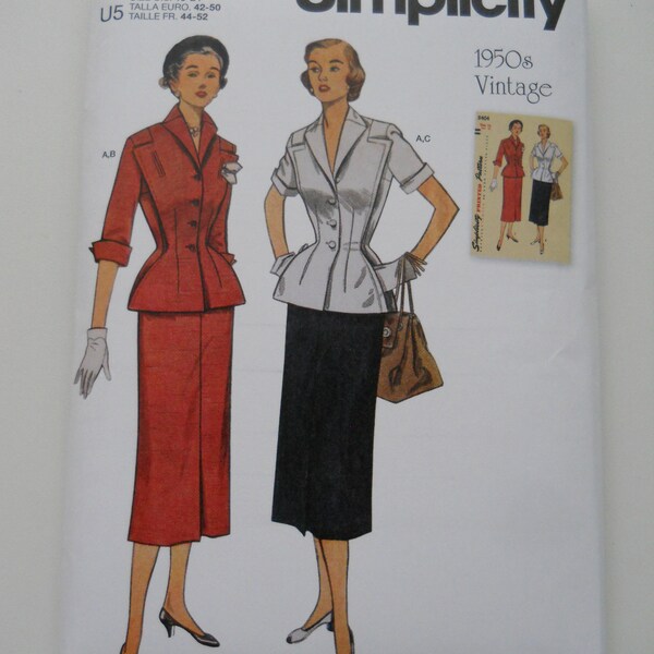 Reprint 1950's Unlined Jacket & Straight Skirt Simplicity S9675 H5 (6-14) or U5 (16-24) New Sewing Pattern, Pointed Collar, Hidden Pockets