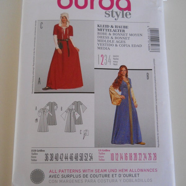 Middle Ages Robe & Bonnet Burda 7468 U.S. Sizes 10-28 Sewing Pattern for Renaissance Festival Historic Costume Peasant, Noble, Wide Sleeve