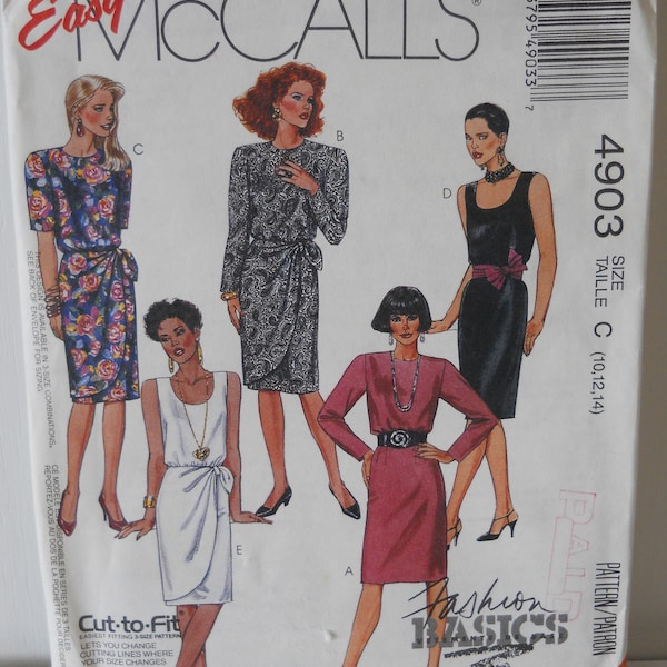 Vintage, Easy Faux Sarong Look Dress McCall's 4903 C (10,12,14) Uncut Sewing Pattern Dress, Cut to Fit, Jewel Neckline, Sleeveless, Scoop