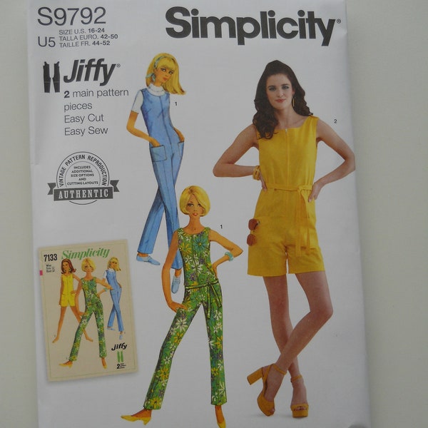 Very Easy 1960's Re-Printed Jumpsuit Simplicity S9792 H5 (6-14) or U5 (16-24) New Sewing Pattern, Plus, Zipper, Sleeveless Romper, Retro