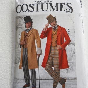 May include: McCall's Costumes sewing pattern for a men's costume. The pattern includes instructions for making a long coat, vest, and pants. The model is wearing a brown coat, a patterned vest, and striped pants. The pattern is for sizes XN (XL-XXL-XXXXL).