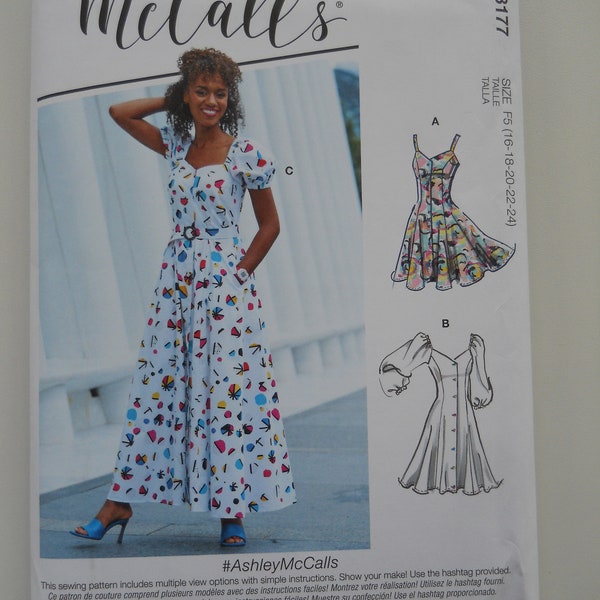 Easy, Feminine, Plus Fitted Dress McCall's M8177 F5 (16-24) New Sewing Pattern, Puff Sleeve, Spaghetti Strap, Princess Seam, Button Down