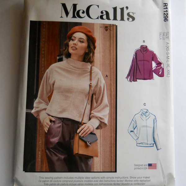 Easy Knit Mock Turtleneck Top McCall's M8144 & R11296 A (XS-S-M-L-XL-XXL) 2021 Sewing Pattern Modest Drop Sleeve, Banded Hem