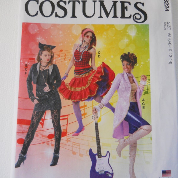 1980's to 1990's Rocker Chick Costume McCall's M8224 A5 (6-14) OR E5 (14-22) Sewing Pattern Long Coat, Short Jacket, Camisole, Tiered Skirt