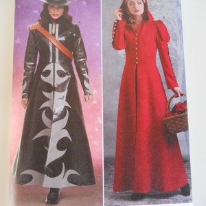 May include: Simplicity sewing pattern number S8974 for sizes US 14-22, European sizes 40-48, and French sizes 42-50. The pattern includes two designs: a black and white long coat with a western-style collar and a red long coat with a hood.