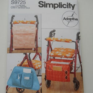 May include: Simplicity Adaptive S9725 sewing pattern for a walker with a seat, storage bag, and armrest covers. The pattern includes instructions for making a walker with a seat, a storage bag, and armrest covers. The pattern is designed for one size.