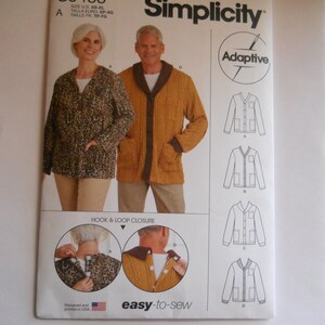 May include: Simplicity sewing pattern number S9488 for a cardigan with hook and loop closure. The pattern is for sizes XS-XL and includes instructions for an adaptive version. The pattern is easy to sew and includes a diagram showing how to sew the hook and loop closure.