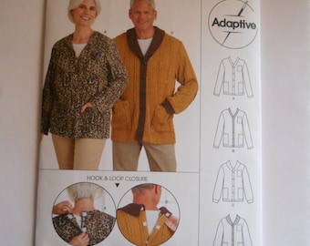 May include: Simplicity sewing pattern number S9488 for a cardigan with hook and loop closure. The pattern is for sizes XS-XL and includes instructions for an adaptive version. The pattern is easy to sew and includes a diagram showing how to sew the hook and loop closure.